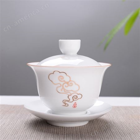 4.0寸大号盖碗创意功夫茶具泡茶碗手绘甜白陶瓷三才盖碗茶杯定制